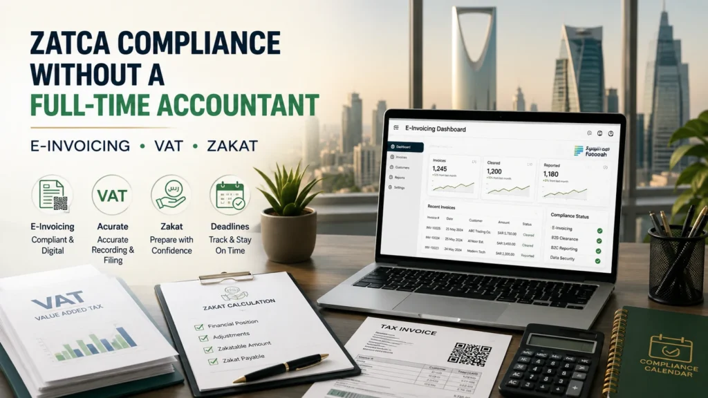 ZATCA compliance for small businesses with e-invoicing, VAT, Zakat, and a compliance dashboard in a Saudi office.